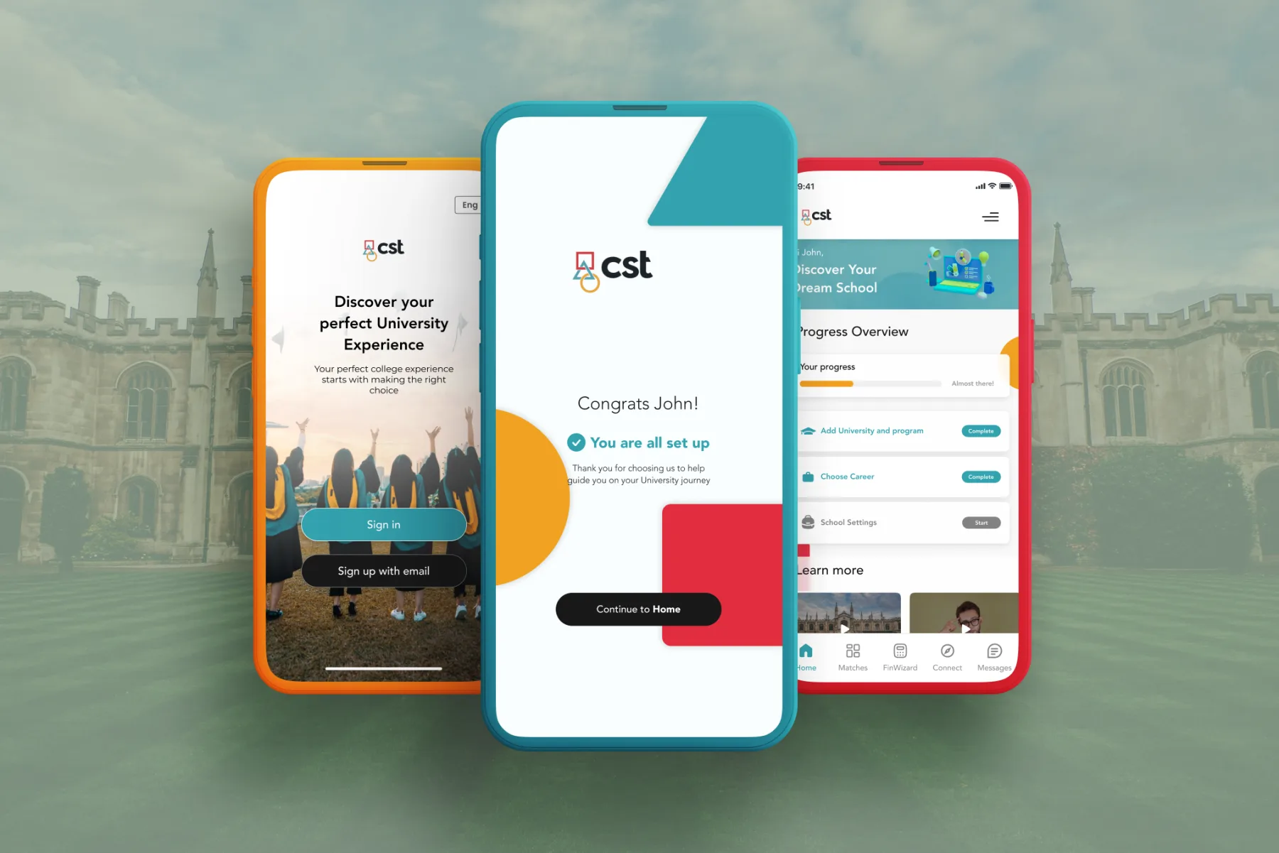 CST app onboarding shown on three phones in front of a university campus