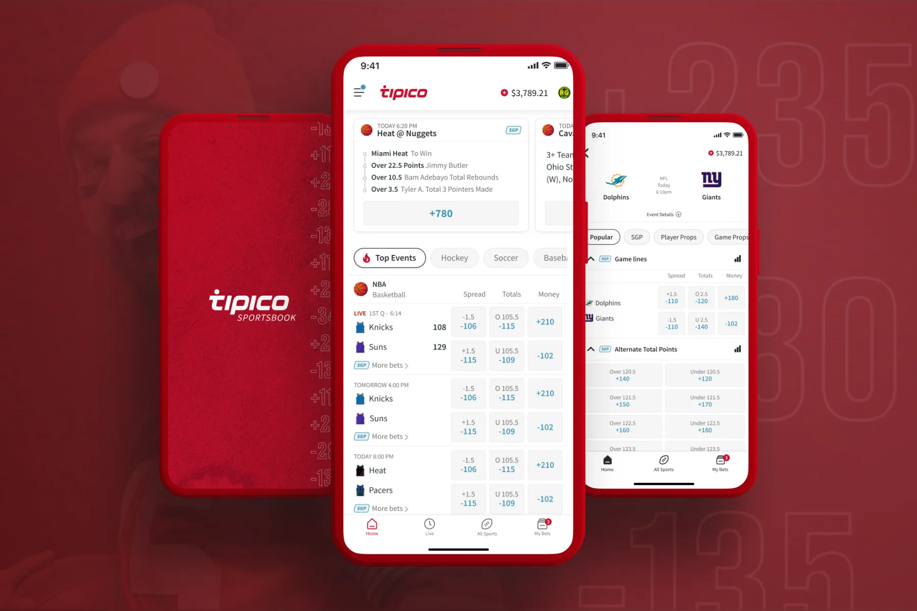 Tipico Sportsbook app shown on three phones against a red backdrop